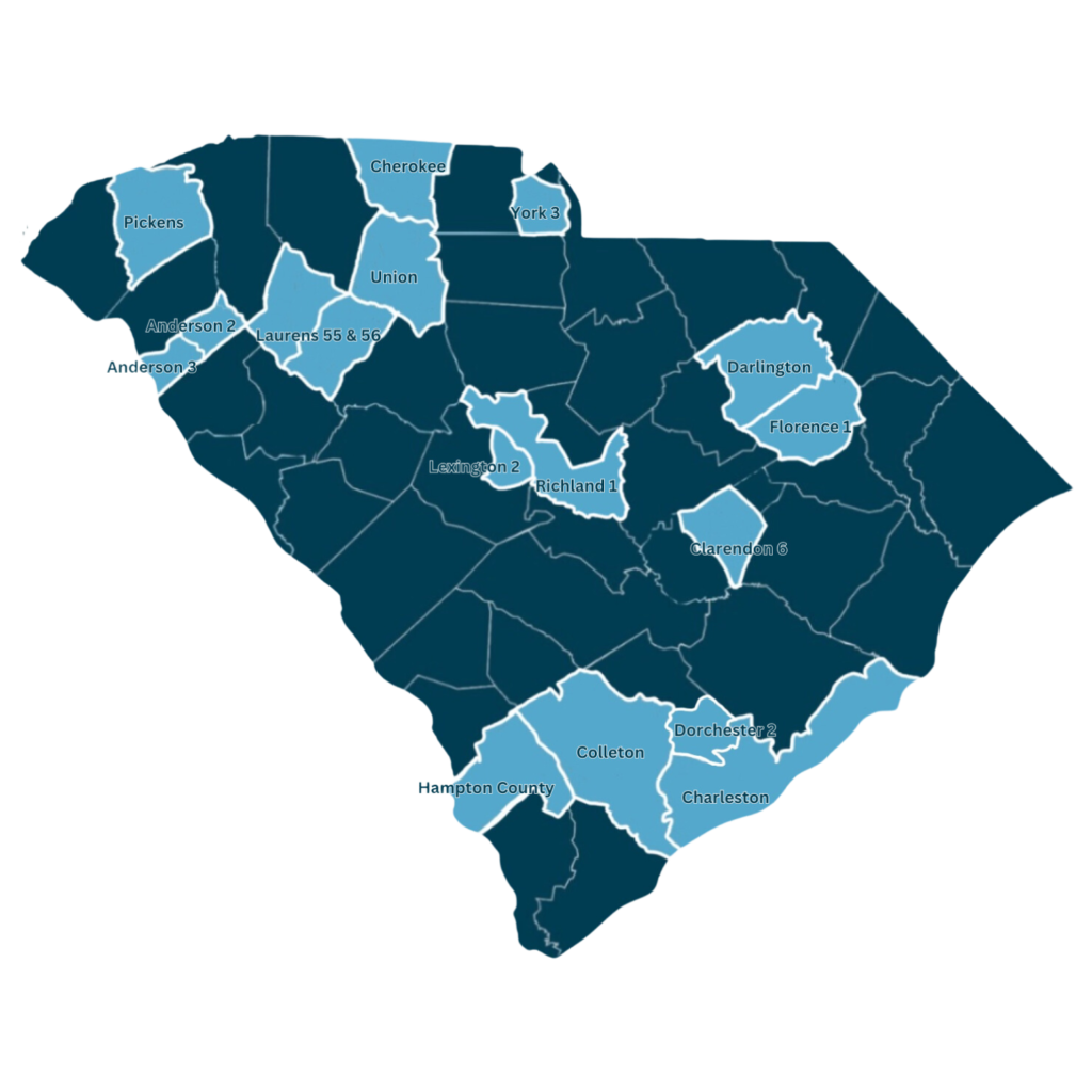 Map of South Carolina with partnerships highlighted in light blue